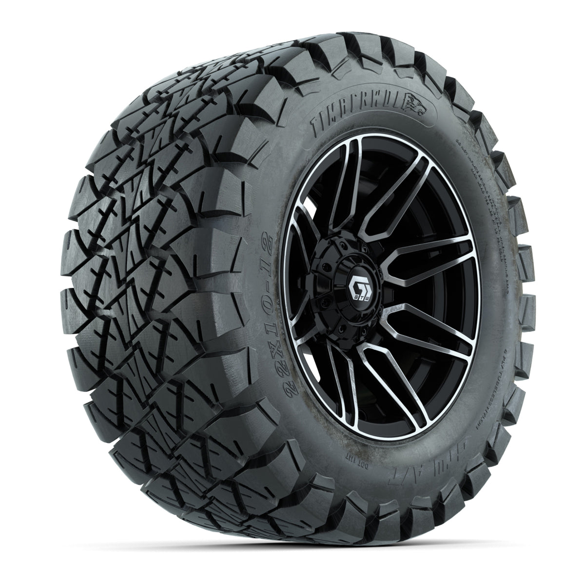 GTW Stealth Black/Machined 12 in Wheels with 22x10-12 Timberwolf All-Terrain Tires  Full Set