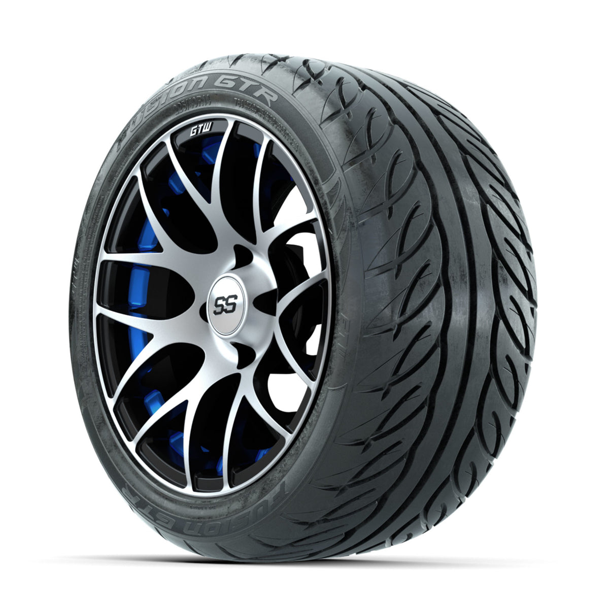 GTW Pursuit Machined/Blue 14 in Wheels with 225/40-R14 Fusion GTR Street Tires  Full Set