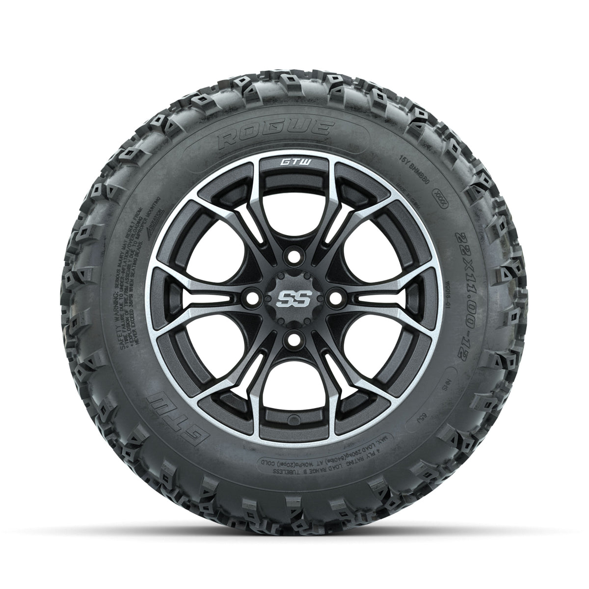 GTW Spyder Machined/Grey 12 in Wheels with 22x11.00-12 Rogue All Terrain Tires  Full Set