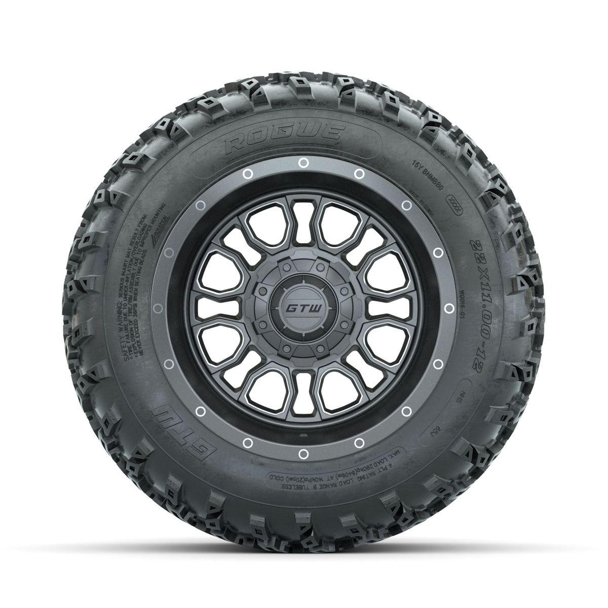 GTW Volt Gunmetal/Machined 12 in Wheels with 22x11.00-12 Rogue All Terrain Tires  Full Set