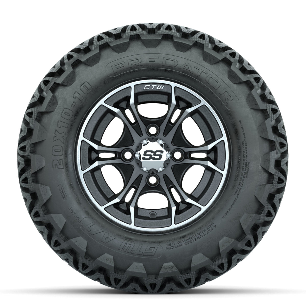 GTW Spyder Machined/Matte Grey 10 in Wheels with 20x10-10 Predator All Terrain Tires  Full Set