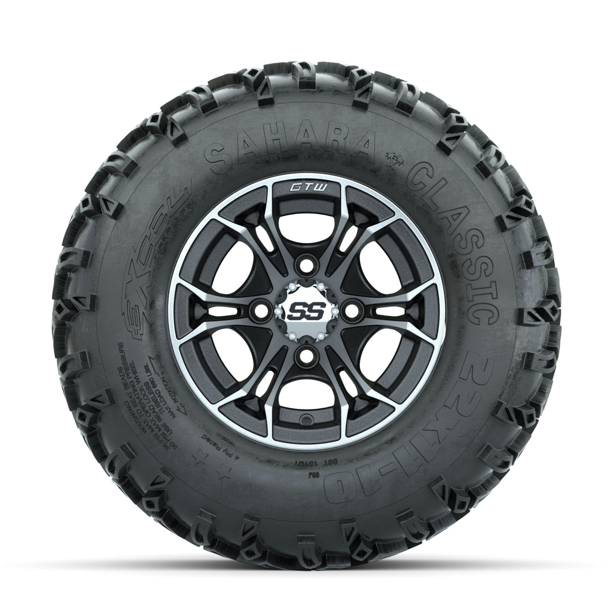 GTW Spyder Machined/Matte Grey 10 in Wheels with 22x11-10 Sahara Classic All Terrain Tires  Full Set