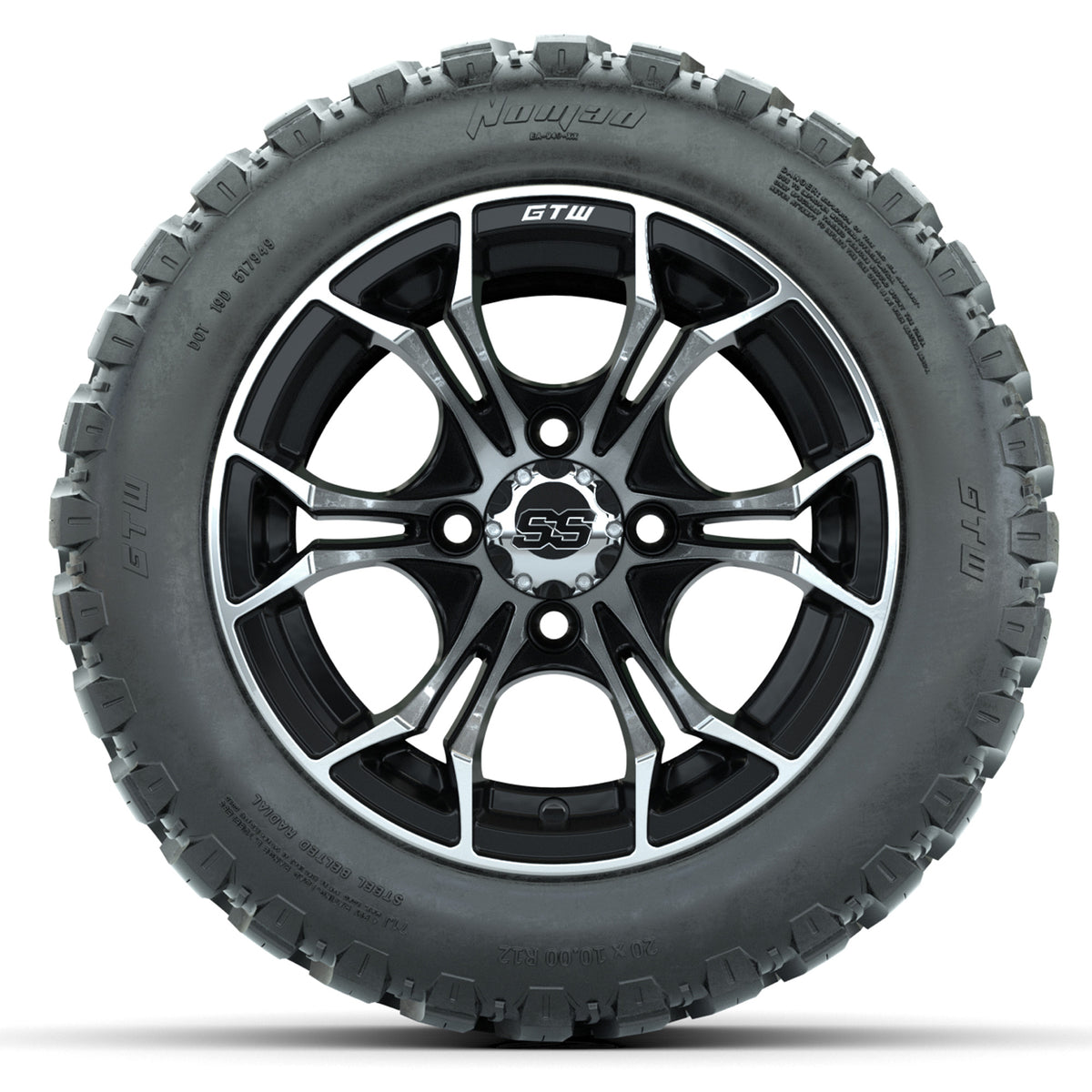 GTW Spyder Machined/Black 12 in Wheels with 20x10-R12 GTW Nomad All-Terrain Tires  Full Set
