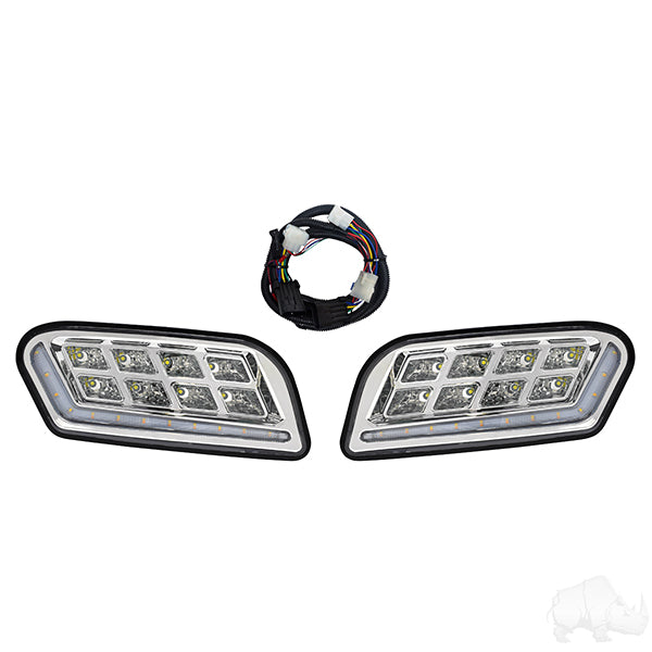 Faros delanteros LED RHOX con luces decorativas RGBW y arnés de adaptación original, Club Car Tempo, 12-48 V, PN n.° LGT-415L