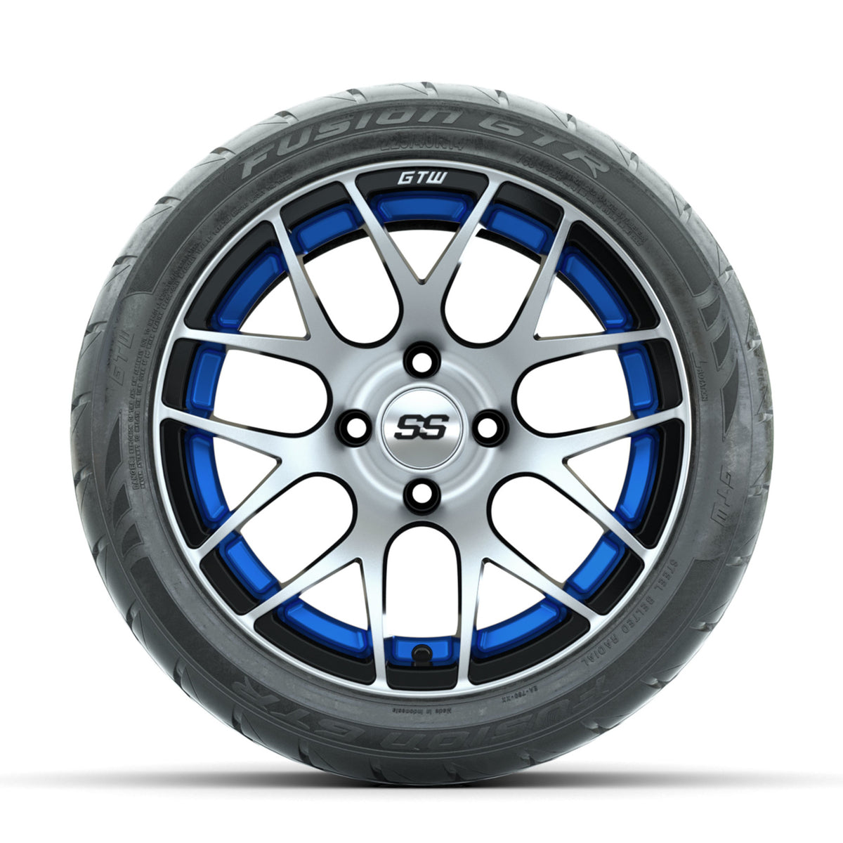 GTW Pursuit Machined/Blue 14 in Wheels with 225/40-R14 Fusion GTR Street Tires  Full Set