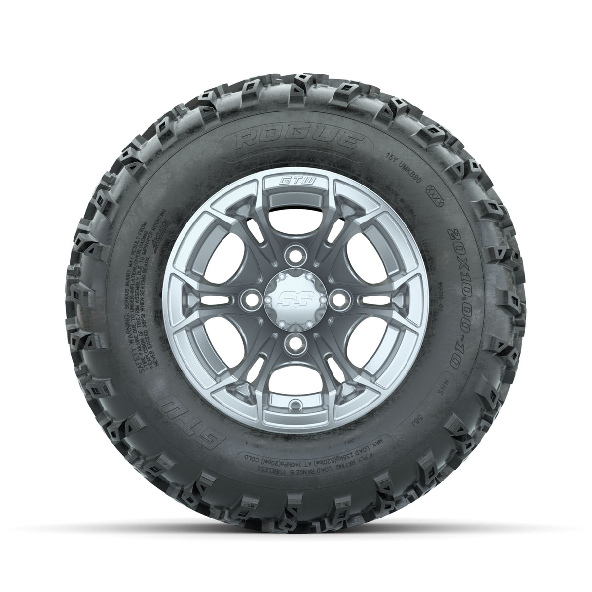 GTW Spyder Silver 10 in Wheels with 20x10.00-10 Rogue All Terrain Tires  Full Set