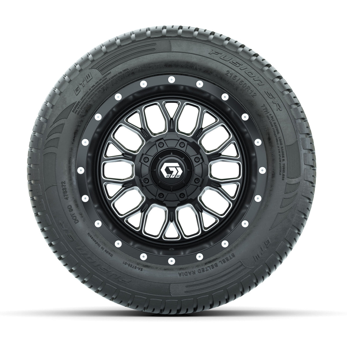 Set of (4) 12 in GTW Helix Machined & Black Wheels with 215/50-R12 Fusion S/R Street Tires