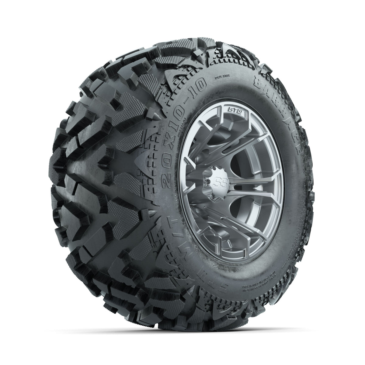 GTW Spyder Silver Brush 10 in Wheels with 20x10-10 Barrage Mud Tires  Full Set