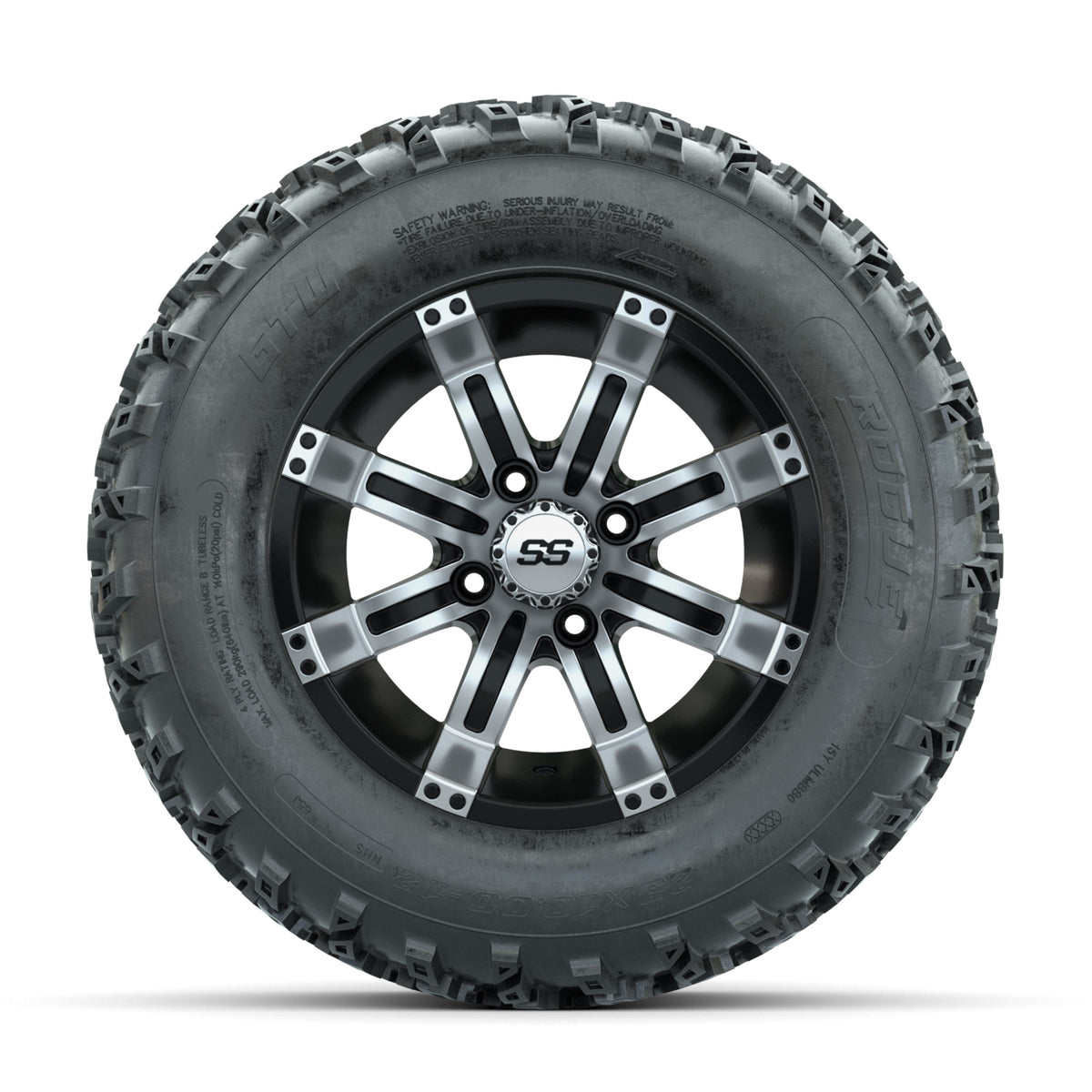 GTW Tempest Machined/Black 12 in Wheels with 23x10.00-12 Rogue All Terrain Tires  Full Set